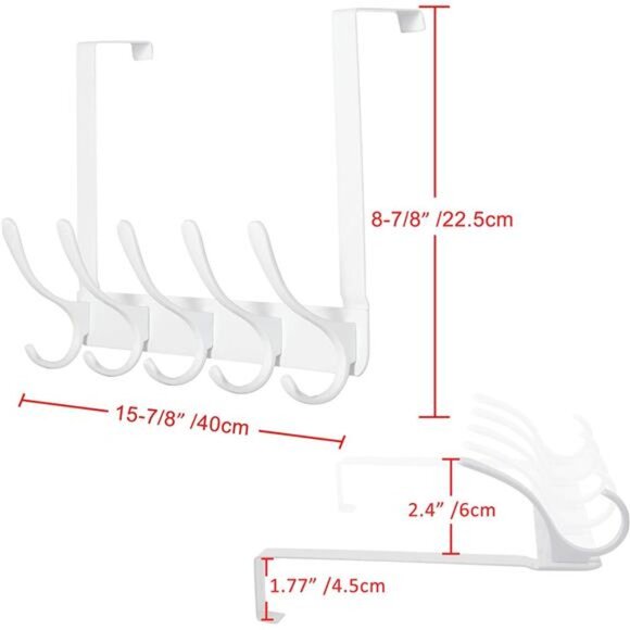 Over The Door Hook - 5 Hooks, Over Door Hook Hanger for Hanging Clothes/Towels - Picture 4 of 7